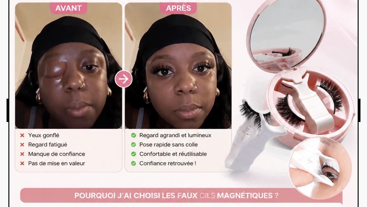 Avant / après : œil gonflé par la colle à cils puis regard agrandi avec les faux cils magnétiques Jimshop229